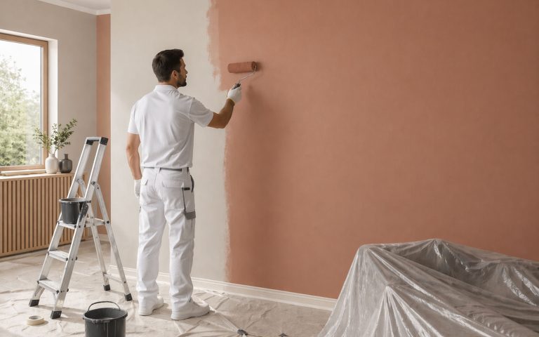 Ein Maler trägt in einem vorbereiteten Raum einen warmen Terrakotta-Farbton auf und zeigt so eine typische Renovierungssituation.