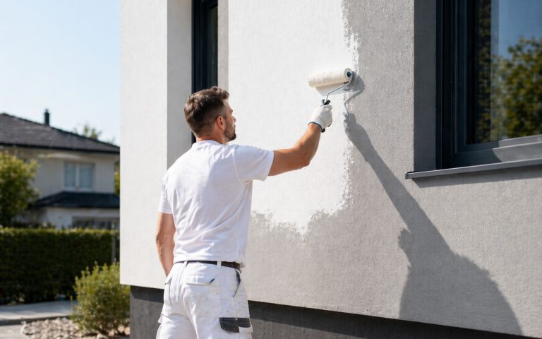 Malerarbeiten an einer modernen Außenfassade – ideal für Fassadengestaltung und Außenbereich.