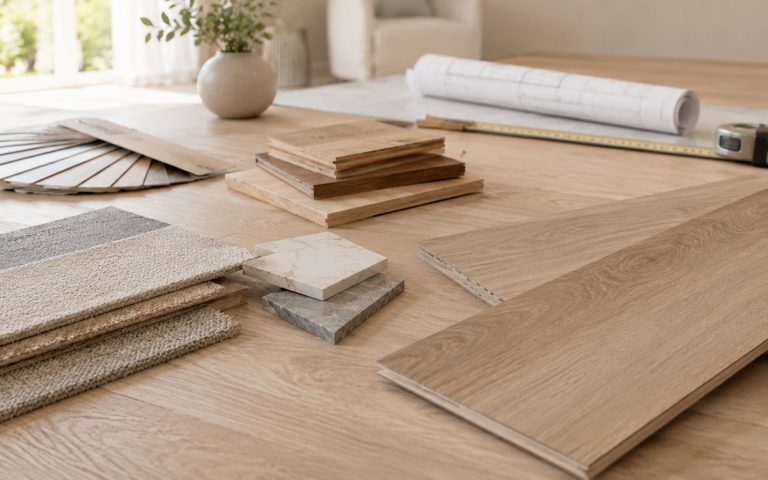 Materialmuster, Bodenbeläge und Planungsunterlagen als Motiv für Beratung und Auswahl passender Bodenlösungen.