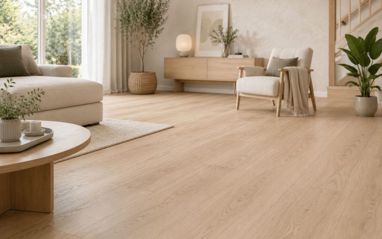 Heller Laminatboden in Holzoptik in einem modernen, freundlichen Wohnraum.