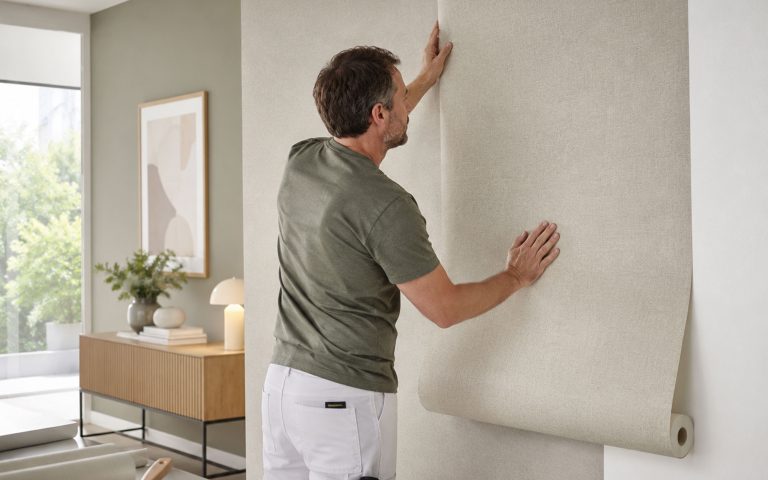 Eine Person verarbeitet eine helle Vliestapete in einem stilvollen Wohnraum. Das Bild passt ideal zum Leistungsbereich Vliestapeten und vermittelt saubere Ausführung sowie moderne Wandgestaltung.