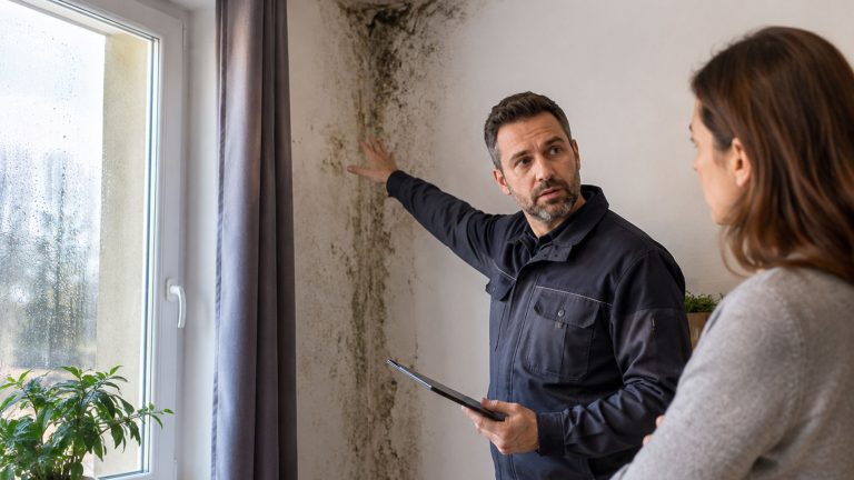 Ein Fachberater erklärt einer Kundin den sichtbaren Schimmelbefall an einer Wand und berät zu Ursachen, Risiken und sinnvollen Sanierungsmaßnahmen.