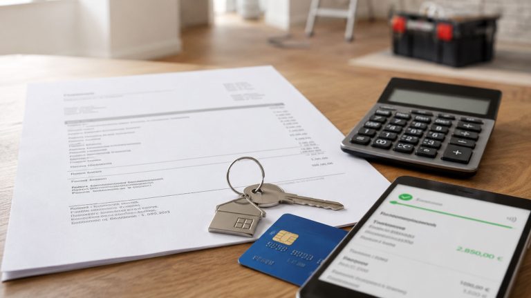 Rechnung, Taschenrechner und Zahlungsnachweis symbolisieren die steuerliche Absetzbarkeit von Handwerkerleistungen und die Bedeutung einer ordentlichen, unbaren Bezahlung.