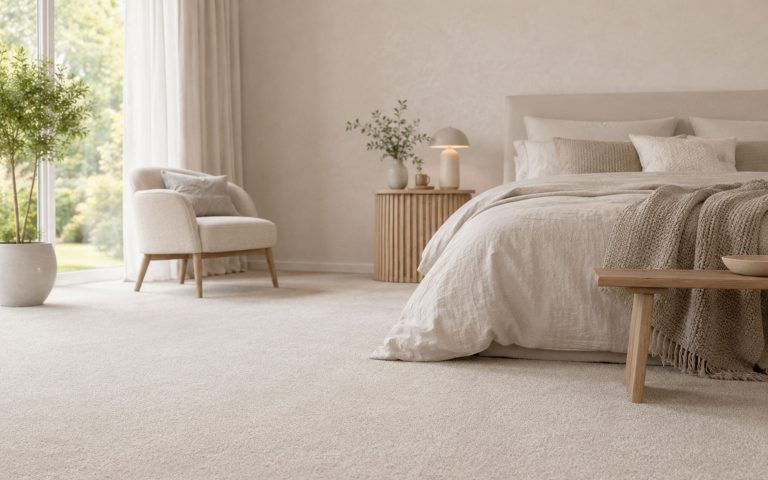 Wohnlicher Teppichboden in einem hellen Schlafzimmer mit ruhiger, warmer Raumwirkung.