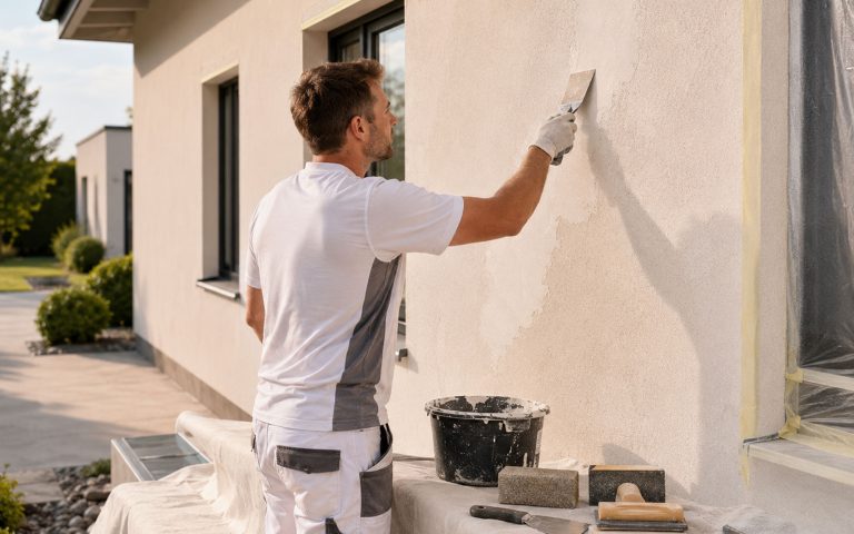 Ausbesserung und Glättung einer Außenwand als Vorbereitung für den Fassadenanstrich.
