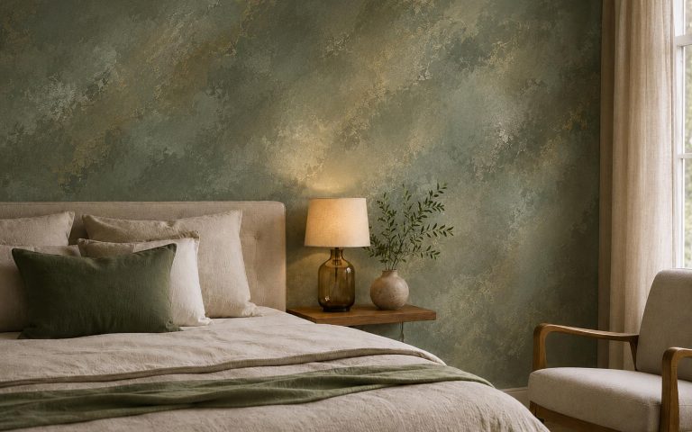 Schlafzimmer mit dekorativer Akzentwand in tiefem Olivgrün und strukturierter Oberfläche. Das Bild steht für ruhige Raumwirkung, edle Farbgestaltung und hochwertige dekorative Wandtechniken.
