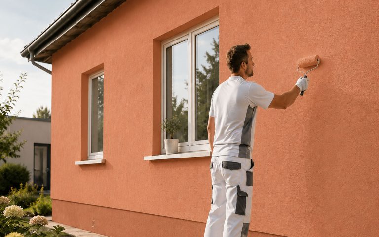 Ein Maler streicht die Fassade eines Wohnhauses in einem warmen Terracotta-Ton. Das Bild steht für moderne Fassadengestaltung, hochwertige Außenanstriche und eine farbige, aber dennoch stimmige Gebäudeoptik.