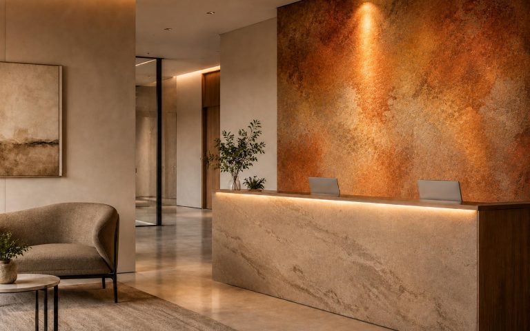 Eleganter Büro- oder Praxisempfang mit dekorativer Akzentwand in kräftigen Kupfer-, Bronze- und Terracottatönen. Das Bild steht für hochwertige Wandgestaltung mit markanter, warmer Raumwirkung.